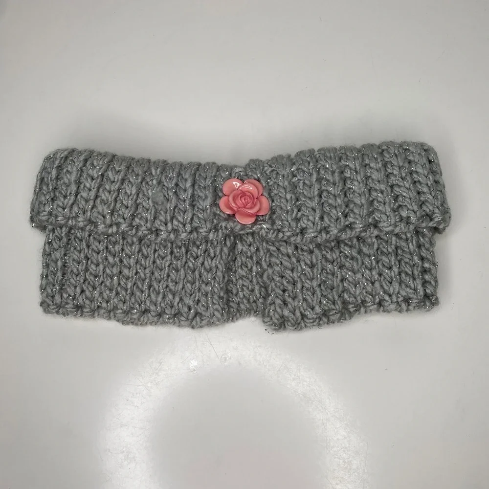 Handmade Knit Neck‎ Warmer Cowl Collar Gray Sparkle Pink Rose Accent Cottagecore